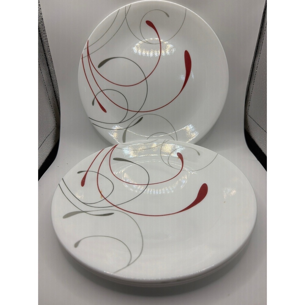 FOUR (4) Corelle Splendor Round‎ Salad Lunch Plates 8.5" Red Gray Swirl READ